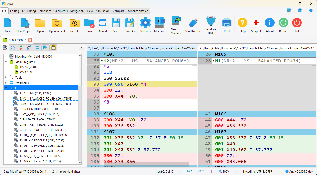 AnyNC editor showing a Mori Seiki NTX2000 project with job navigation and two synchronized NC program channels
